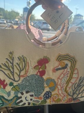 Embroidered Canvas Sea Life Tote Bag with Bamboo Handles - Pink & Cream